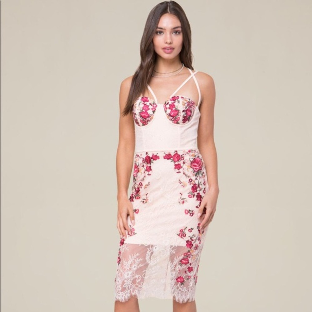 bebe Pink Floral Lace Midi Dress